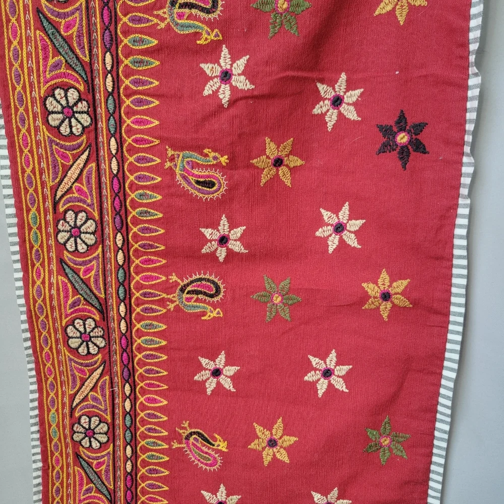 Pottery Barn Etta Embroidered‎ Floral Stripe Lumbar Pillow Cover Red 16